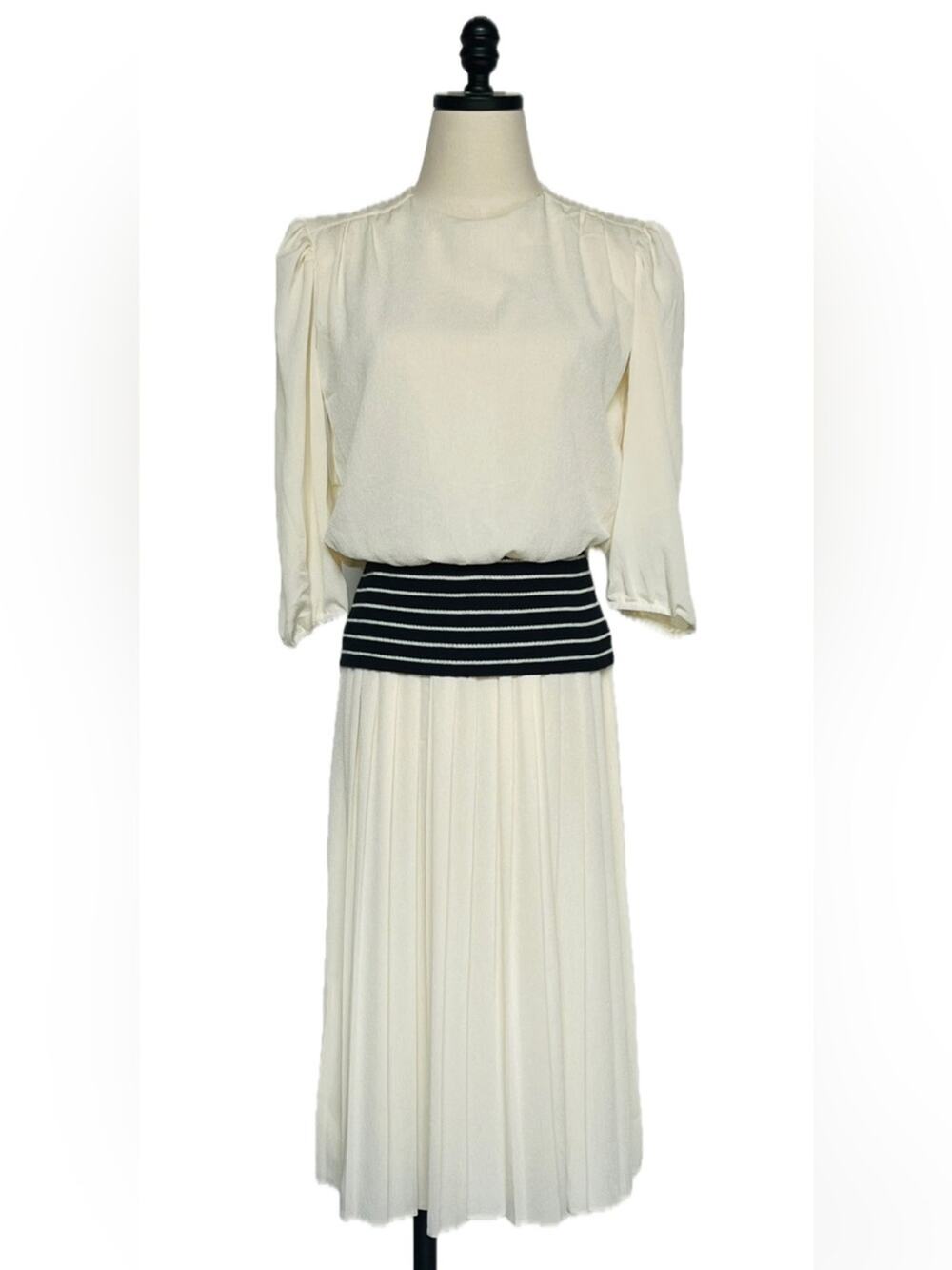 Vintage Cream Midi Pleated Dress Black Striped Waistband Small